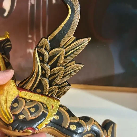 Vtg 90s 11.5" Dragon Naga Flying Hanging Green/Gold Handmade Wooden Bali Folkart - Picture 5 of 15